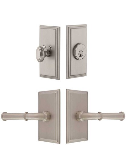 Grandeur Carre Entry Door Set, Keyed Alike with Georgetown Levers Left Handed in Satin Nickel.